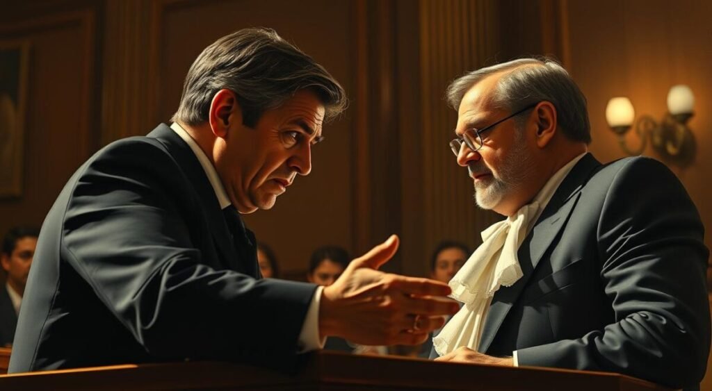 A heated courtroom scene, the Chief Justice Luiz Fux interrupting Minister Luís Roberto Barroso mid-speech, a stern expression on Fux's face as he leans forward, signaling his disagreement with Barroso's arguments. The scene is bathed in warm, dramatic lighting, casting dramatic shadows across the participants' faces, heightening the tension of the moment. The background is blurred, keeping the focus on the two central figures, their interaction the sole subject of this powerful, high-stakes image.