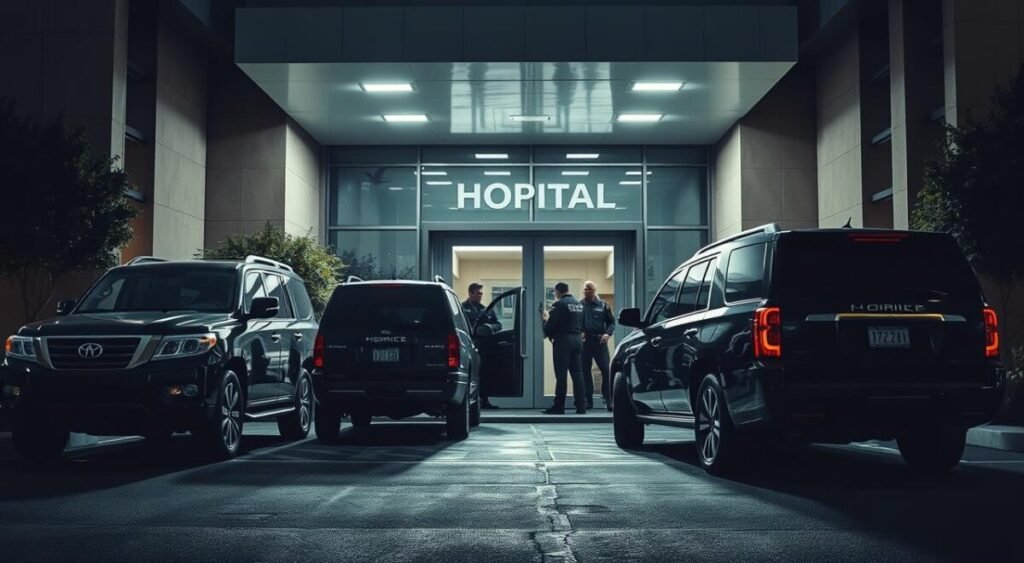 A heavily guarded hospital entrance, with armed security personnel vigilantly monitoring the premises. Sleek black SUVs flank the entrance, their tinted windows obscuring the occupants. The scene exudes an air of tension and urgency, as if a high-profile individual is being transported for medical attention. Bright overhead lighting casts long shadows, emphasizing the seriousness of the situation. The image should convey a sense of heightened security and the logistical challenges involved in ensuring the safe arrival and treatment of the individual in question.