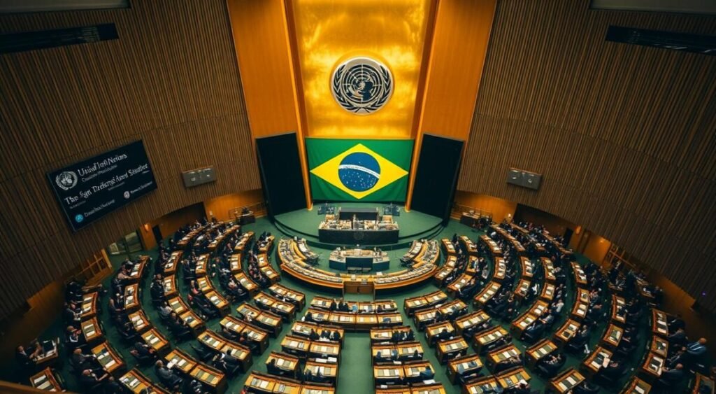 A high-angle view of the United Nations General Assembly Hall in New York City, with the Brazilian flag prominently displayed on the center podium. The room is filled with delegates from various countries, engaged in a lively debate. The lighting is warm and inviting, creating a sense of gravitas and importance. The camera angle emphasizes the scale and grandeur of the space, while also capturing the intensity of the proceedings. The composition highlights the central role of Brazil in opening the discussions, conveying the nation's influence and global significance.