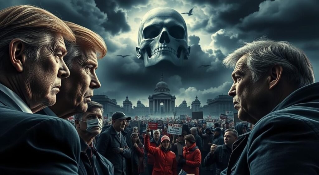 A high-contrast, cinematic image of two opposing political factions, their voices and opinions clashing in a storm of rhetoric. The foreground features a tense standoff between rival groups, their faces etched with intensity and distrust. The middle ground is a sea of protest signs and banners, each side proclaiming its ideological stance. In the background, a looming, ominous skyline suggests the weighty, divisive nature of the political climate. Dramatic lighting casts dramatic shadows, heightening the sense of confrontation and unease. The overall mood is one of polarization, uncertainty, and the deep social rifts that have emerged.