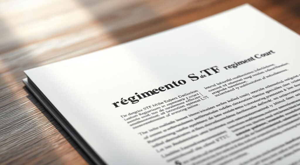 A high-resolution, detailed illustration of the "regimento interno STF" (Internal Regulations of the Federal Supreme Court), showcasing the formal and authoritative nature of the legal document. The image should depict the cover page of the document, captured in a crisp, well-lit, and high-contrast style, with a subtle, muted color palette reflecting the seriousness of the subject matter. The camera angle should be slightly elevated, creating a sense of importance and gravitas, while the depth of field should keep the document's text and details in sharp focus, allowing the viewer to clearly see the structure and layout of the regulations. The overall mood should be one of professionalism, tradition, and the rule of law.