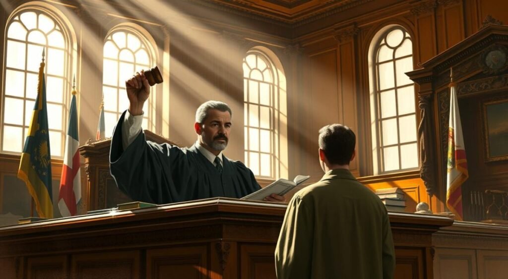 A judicial decision handed down in a courtroom, with a judge wearing a black robe and sitting at an ornate wooden desk. The judge's face is serious and focused, their gavel raised, about to deliver a verdict. Sunlight streams in through large windows, casting a warm, authoritative glow over the scene. The room is adorned with flags, law books, and other legal symbols, conveying a sense of the gravity and importance of the moment. The atmosphere is one of solemn deliberation, as the judge's decision will have a significant impact on the life of the defendant, Oruam, who is standing before the bench awaiting the ruling.