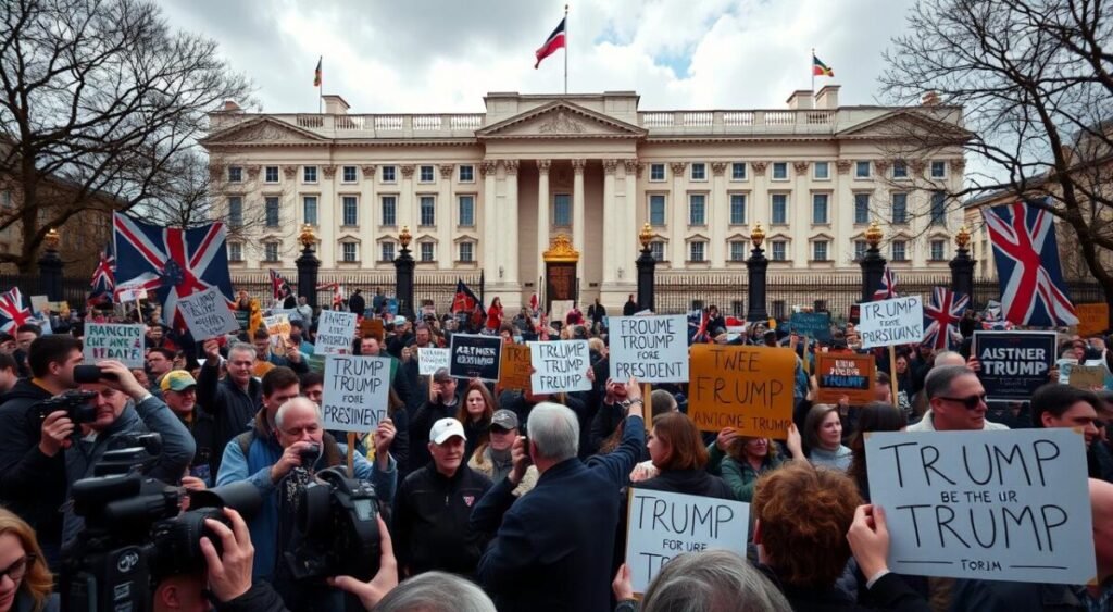 A large crowd of protesters gathered outside Buckingham Palace, waving signs and banners denouncing the presence of former U.S. President Donald Trump. In the foreground, a group of journalists and photographers capture the scene, their cameras flashing as they document the historic state visit. The grand facade of the palace looms in the background, its ornate architecture and iconic flag creating a striking contrast with the passionate demonstration unfolding before it. The atmosphere is tense, with a palpable sense of political tension and international scrutiny surrounding this high-profile diplomatic event.