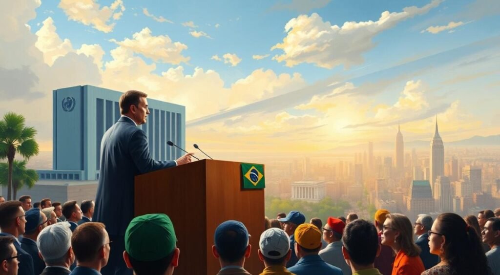 A majestic United Nations building stands against a backdrop of a vibrant, bustling city skyline. In the foreground, a podium adorned with the Brazilian flag is the focal point, casting a warm, authoritative glow. The Brazilian president, poised and confident, addresses a diverse audience, their faces reflecting a range of emotions - from rapt attention to contemplation. The scene conveys a sense of global significance, with the opening of Brazil's discourse shaping the country's international image, projecting strength, leadership, and diplomatic influence.