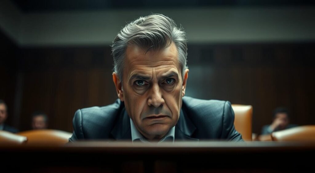 A middle-aged man, Antônio Carlos Camilo Antunes, sits at a wooden table in a dimly lit room. His face is serious and his gaze is focused, as if deep in thought. The background is blurred, but suggests a formal setting, perhaps an office or a courtroom. The lighting is low and dramatic, casting shadows on Antunes' face and creating a sense of tension and gravity. The scene is captured with a tight, close-up framing, emphasizing the intensity of the moment and the importance of Antunes' testimony. The overall mood is somber and contemplative, reflecting the weight of the situation and the stakes involved.