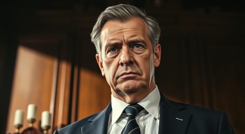 A middle-aged man with a stern expression, Ciro Nogueira stands tall and confident, dressed in a tailored suit and tie. The lighting is dramatic, casting shadows across his face that accentuate his angular features. The background is a dimly lit, wood-paneled room, lending an air of authority and gravitas to the scene. Nogueira's gaze is direct and unwavering, conveying a sense of determination and political savvy. The overall mood is one of power, leadership, and the weight of responsibility that comes with being a prominent figure in Brazilian politics.