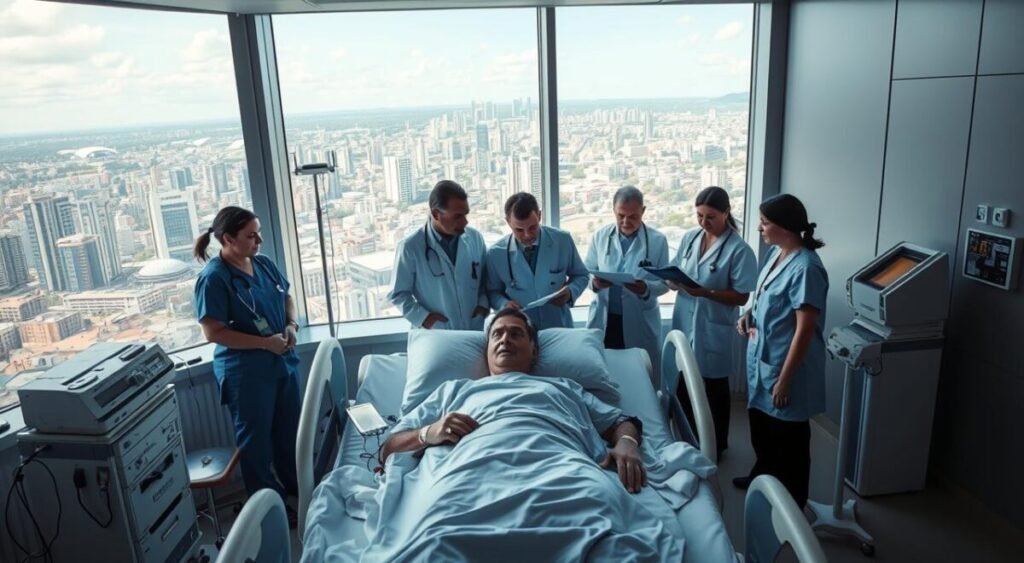 A modern hospital interior in Brasília, Brazil, with a large window overlooking the city skyline. In the foreground, Jair Bolsonaro, the former president of Brazil, rests in a hospital bed, surrounded by medical equipment and attentive medical staff. The lighting is bright and clinical, casting a sense of seriousness and urgency. The middle ground features a team of doctors and nurses, conferring and examining medical charts, their expressions somber and focused. In the background, the bustling city of Brasília can be seen, a visual representation of the public interest and scrutiny surrounding Bolsonaro's condition. The overall atmosphere conveys a sense of gravity and importance, befitting the high-profile nature of the subject.