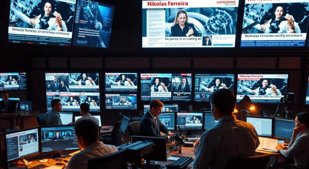 A newsroom interior with a backdrop of large digital screens displaying various news headlines and articles. In the foreground, journalists and editors intently analyzing data and crafting stories, their expressions conveying the weight of the breaking news coverage. The lighting is a combination of warm, focused task lighting and cool, ambient illumination from the screens, creating a dynamic, high-intensity atmosphere. The camera angle is slightly elevated, offering a comprehensive view of the bustling newsroom and the gravity of the "Nikolas Ferreira" story unfolding across multiple media platforms.