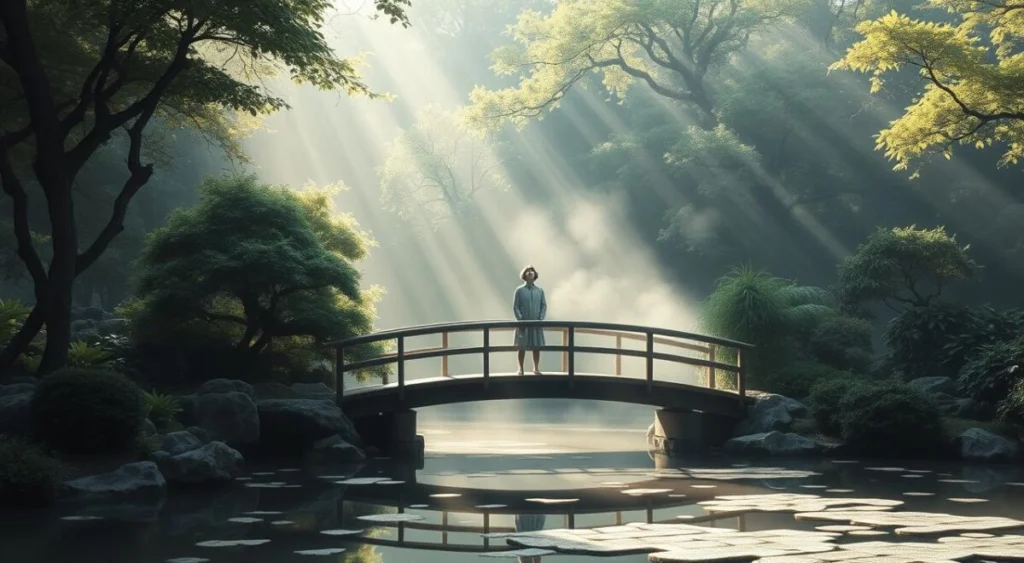 A serene Japanese garden, with a small wooden bridge arching over a tranquil pond. Soft natural lighting filters through the lush foliage, casting gentle shadows. In the center, a lone figure stands in contemplation, their face uplifted, expression peaceful and introspective. Mist gently swirls around them, creating an ethereal, spiritual atmosphere. The scene evokes a profound sense of personal awakening and connection to the natural world, embodying the deep, personal meaning of "calling" for the individual.
