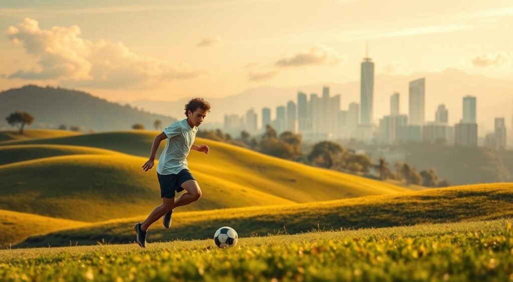 A serene and inspirational landscape depicting the concept of "desenvolvimento" (development). In the foreground, a young footballer dribbles a soccer ball, their focused expression conveying determination and potential. The middle ground features a lush, verdant field with undulating hills, symbolizing the gradual growth and progress. In the background, a modern city skyline rises, hinting at future opportunities and the promise of a successful career. Warm, golden lighting casts a hopeful glow, while soft, wispy clouds add a dreamlike, aspirational atmosphere. The overall scene radiates a sense of possibility, capturing the essence of "Expectativas de desenvolvimento e plano de carreira" (Expectations of development and career plan).