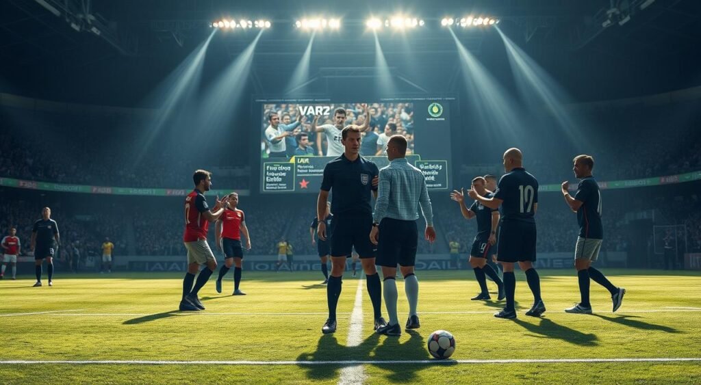 A soccer field in the foreground, with players in the midst of a heated match. In the middle ground, a referee stands with a stern expression, surrounded by gesturing figures. In the background, a large video screen displays the VAR (Video Assistant Referee) system, its graphics and data overlaying the scene. The lighting is dramatic, casting long shadows and highlighting the intensity of the moment. The overall atmosphere is one of tension, controversy, and the high-stakes world of professional soccer refereeing.