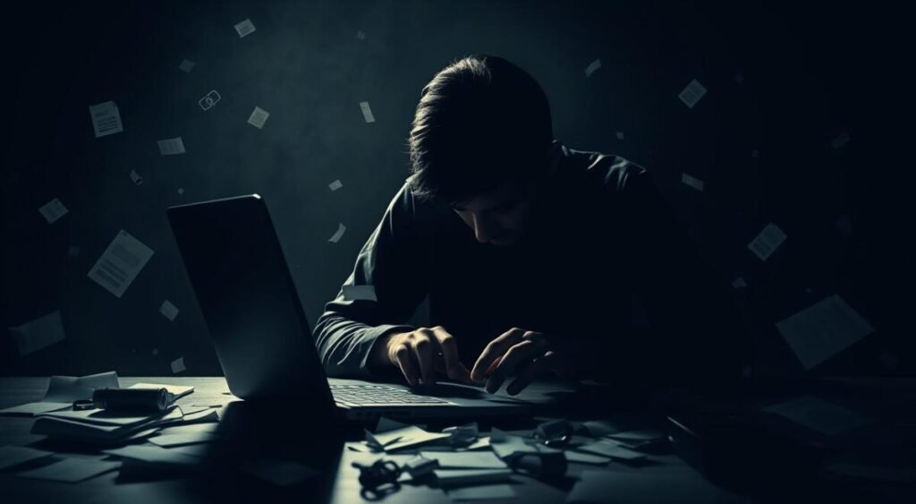 A solemn scene depicting the "retirada de conteúdo" (removal of content) in the wake of online attacks. A figure silhouetted against a dimly lit backdrop, shoulders bowed, hands poised over a keyboard. Surrounding them, a swirl of digital ephemera - scattered files, broken hyperlinks, and the ghostly traces of deleted posts. The atmosphere is one of melancholy resignation, a moment of quiet defiance against the torrent of hate. Soft, diffuse lighting casts long shadows, the mood somber yet resolute. This image captures the essence of the Aragão family's experience, a visual representation of their denunciation and the legal measures taken in response to the "absurd lie".