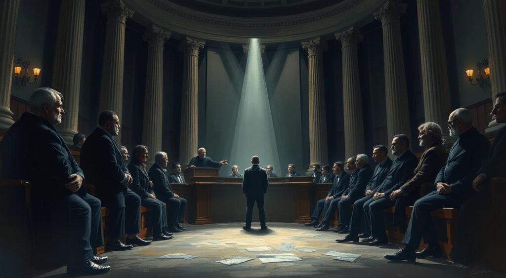 A somber courtroom, the air thick with anticipation. In the center, a lone figure stands, the defendant in the spotlight. Dramatic lighting casts shadows that accentuate the intensity of the moment, as the judge, robed in a dignified manner, presides over the proceedings. The jury, their expressions grave, lean forward, focused on the testimony unfolding before them. The scene conveys a sense of gravity, the weight of the decision they must make palpable. The defendant, their face a mask of stoicism, awaits the verdict that will determine their fate. The architecture of the courtroom, with its towering columns and ornate details, lends an air of grandeur and solemnity to the proceedings.