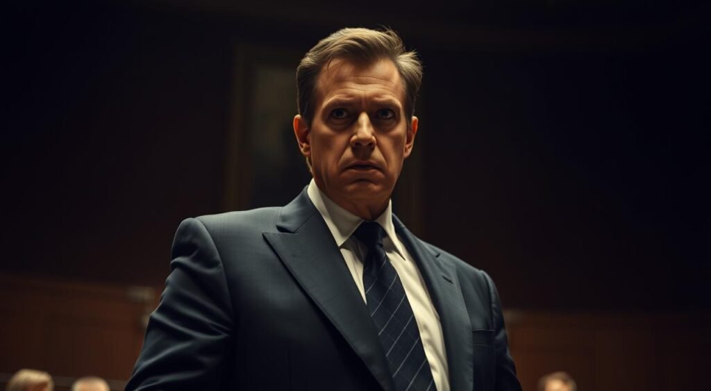 A stern-faced Paulo Gonet, dressed in a well-tailored suit, standing in a dimly lit courtroom, his gaze intense and piercing, as he presents his case before the judges. The scene is bathed in a somber, dramatic lighting, creating an atmosphere of seriousness and gravity. The background is slightly blurred, placing the focus on Gonet's authoritative presence and the weight of his words. The angle captures him from a slightly low perspective, emphasizing his commanding stature and the gravity of the situation. This image conveys the sense of a crucial moment in the proceedings, where Gonet's role as the Prosecutor-General is central to the unfolding events.