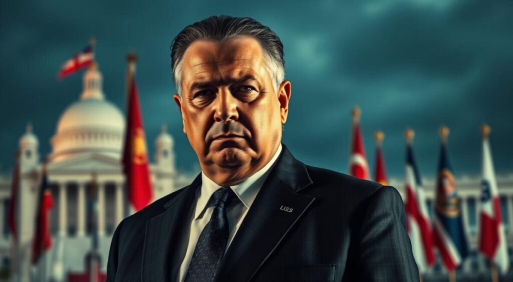 A stern-faced middle-aged man in a dark suit, standing with a pensive expression against a blurred backdrop of government buildings and national flags, conveying a sense of gravity and geopolitical significance. Dramatic low-angle lighting casts dramatic shadows, heightening the sense of authority and weight of his position. The overall mood is one of seriousness and consequence, reflecting the subject's status as a target of US sanctions.