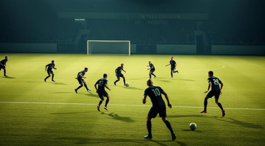 A tactical analysis of Fortaleza's gameplay, captured with a cinematic flair. The camera angles showcase the intricate movements of players on the pitch, as they navigate the dynamic strategies of the match. Soft, diffused lighting emphasizes the intensity of the moment, while muted color tones convey a contemplative atmosphere. The midfield is the focal point, where key decisions are made and momentum shifts occur. The overall composition suggests a thoughtful, nuanced examination of the team's performance, suitable for illustrating the tactical section of the article.
