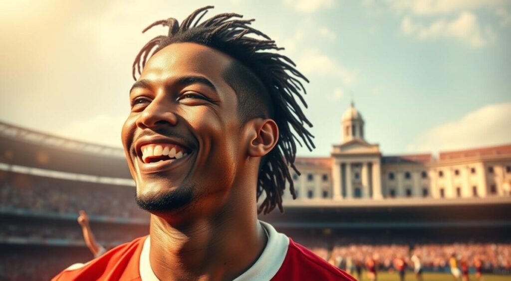 A vibrant, cinematic portrait showcasing the enduring legacy of Ronaldinho Gaúcho. In the foreground, a close-up of his iconic, joyful smile, radiant against a hazy, ethereal backdrop. The middle ground features a blurred, dreamlike sequence of his legendary on-field moments - dazzling dribbles, gravity-defying flicks, and triumphant goal celebrations. In the distant background, a grand, stately stadium looms, a symbol of the global impact and adoration he commanded. Warm, golden lighting bathes the entire scene, evoking a sense of timelessness and the lasting influence Ronaldinho has left on the beautiful game.