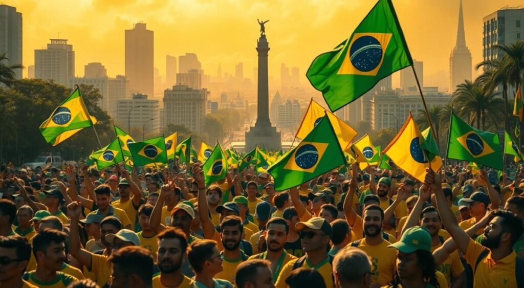A vibrant crowd of bolsonaristas, dressed in the iconic yellow and green colors, gathered in a lively street scene. In the foreground, a sea of passionate supporters waves Brazilian flags and banners, their faces filled with determination. In the middle ground, a towering statue or monument stands as a backdrop, casting a warm, dramatic lighting over the scene. The background features a bustling city landscape, with tall buildings and a hazy, golden-hued sky that evokes a sense of energy and patriotism. The overall composition conveys the fervent, grassroots nature of the bolsonarista movement, with a powerful, emotive atmosphere.