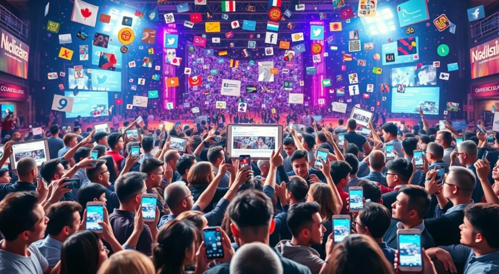 A vibrant digital campaign scene capturing the widespread social media buzz surrounding Nikolas Ferreira's campaign. The foreground features a large crowd of diverse social media users eagerly engaging with their phones, expressions of excitement and curiosity. The middle ground showcases a central focus of attention, perhaps a prominent tweet or news article, surrounded by a flurry of comments, shares, and reactions. The background sets a dynamic backdrop of trending hashtags, viral memes, and colorful data visualizations, conveying the scale and intensity of the online conversation. Bright, energetic lighting highlights the digital nature of the scene, while a cinematic camera angle provides a sense of immersion and impact.