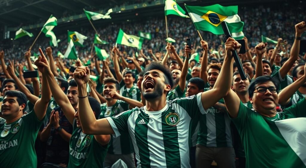 A vibrant, emotional crowd of Palmeiras fans passionately celebrating the long-awaited return of their star player, Bruno Rodrigues, after an absence of nearly 600 days. The stadium is filled with an electric atmosphere, as the ecstatic supporters wave flags, cheer, and embrace one another in a display of pure joy and anticipation. Dramatic lighting casts dynamic shadows, highlighting the intense expressions on the faces of the fans as they eagerly await the player's arrival on the pitch. The foreground is a sea of green and white, the team's colors, while the background is a blur of motion, capturing the energy and excitement of the moment. A vibrant, emotional crowd of Palmeiras fans passionately celebrating the long-awaited return of their star player, Bruno Rodrigues, after an absence of nearly 600 days. The stadium is filled with an electric atmosphere, as the ecstatic supporters wave flags, cheer, and embrace one another in a display of pure joy and anticipation. Dramatic lighting casts dynamic shadows, highlighting the intense expressions on the faces of the fans as they eagerly await the player's arrival on the pitch. The foreground is a sea of green and white, the team's colors, while the background is a blur of motion, capturing the energy and excitement of the moment.