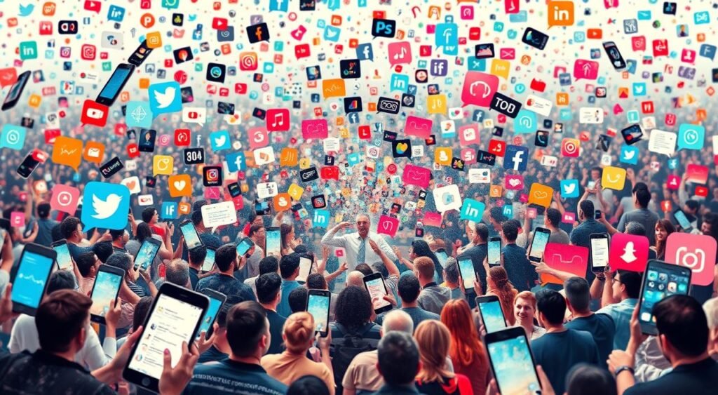 A vibrant social media landscape, with a cascade of smartphone screens and social app icons cascading across the frame. In the foreground, a lively discussion unfolds, with colorful bubbles and avatars representing the chatter of online communities. The middle ground features a central image or event, drawing the eye and sparking intense reactions, while the background is a sea of overlapping feed posts, notifications, and trending hashtags. The lighting is a soft, diffused glow, suggesting the ephemeral, fast-paced nature of digital discourse. The overall mood conveys the rapid dissemination and amplification of news, opinions, and reactions in the modern social media era.