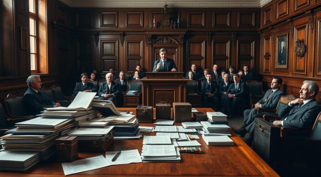 A well-lit, high-resolution courtroom scene with wooden paneling and ornate furnishings. In the foreground, a large wooden table is covered in various documents, folders, and evidence bags, each meticulously arranged. The middle ground features a sturdy oak podium, where a serious-faced lawyer stands, gesturing towards the evidence. In the background, rows of seats are occupied by attentive observers, their expressions conveying the gravity of the proceedings. Soft, diffused lighting casts a solemn, contemplative atmosphere over the scene, emphasizing the importance of the "provas" or evidence being presented.