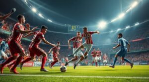 Dramatic soccer match in a vibrant stadium. Two teams clash on a lush green pitch, battling for victory. Internacional players in their distinctive red and white uniforms, Fortaleza in their striking blue and white. Intense expressions, diving saves, and powerful strikes capture the high-stakes clash. Fans erupt in cheers as the scoreboard displays Internacional's 2-1 lead, the team invigorated in their pursuit of a coveted spot in the Brasileirão league's top six. Dramatic lighting casts dynamic shadows, heightening the sense of urgency. Sweeping camera angles showcase the energy and dynamism of this crucial encounter.