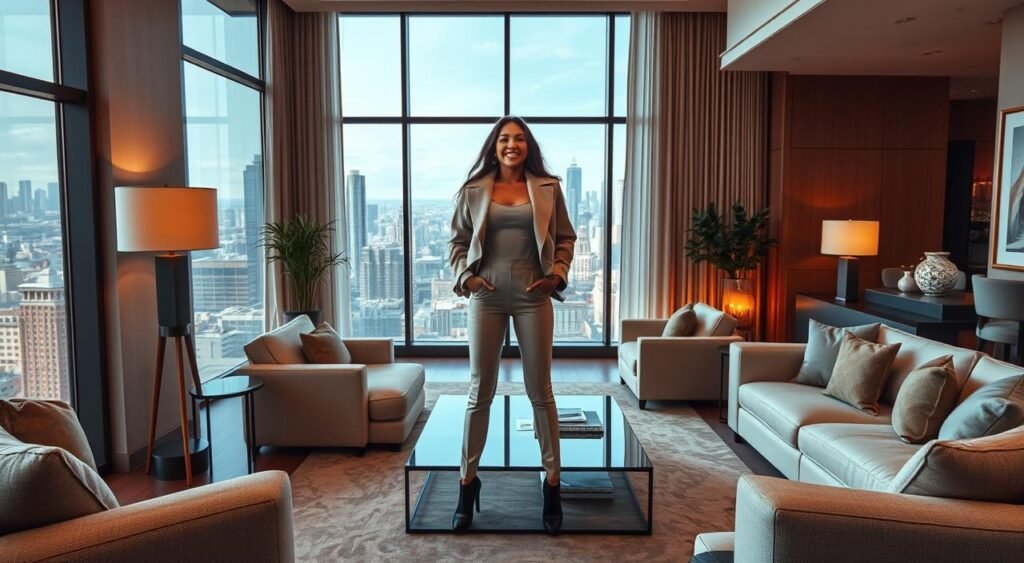 Prompt An elegant apartment interior showcasing a vibrant and dynamic young woman, Suzanna, standing in the center, exuding confidence and joy. The space is filled with luxurious furnishings, warm lighting, and large windows offering a panoramic city view. Suzanna is dressed in a chic, stylish outfit that complements the modern, sophisticated aesthetic. The scene conveys a sense of inspiration, success, and the meaningful connection between mother and daughter. The composition is balanced, with a focus on Suzanna's presence, highlighting the significance of this special moment.