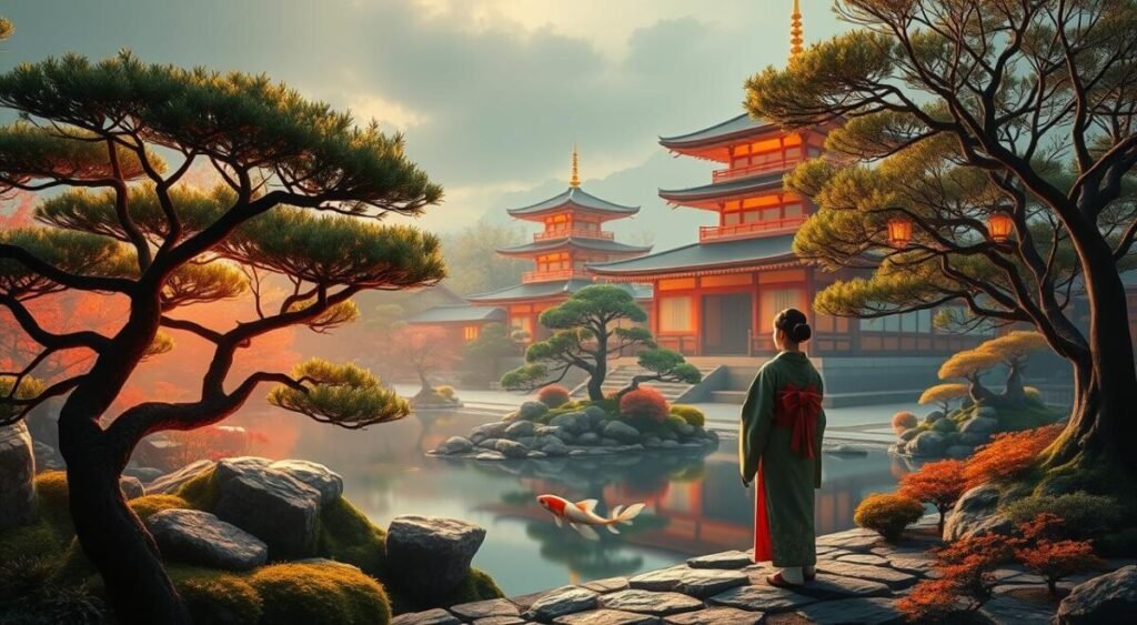 Vibrant and immersive scene depicting the essence of Japanese culture. A serene Japanese garden with carefully manicured bonsai trees, a tranquil koi pond, and a traditional pagoda temple in the background. Warm, diffused lighting casts a gentle glow, creating a peaceful and contemplative atmosphere. In the foreground, a lone figure in traditional Japanese attire, perhaps a geisha or samurai, stands gazing thoughtfully at the harmonious landscape, embodying the spiritual and artistic traditions of the culture. The scene conveys a sense of timelessness, where ancient customs and modern elements seamlessly coexist, inviting the viewer to experience the captivating allure of Japan.