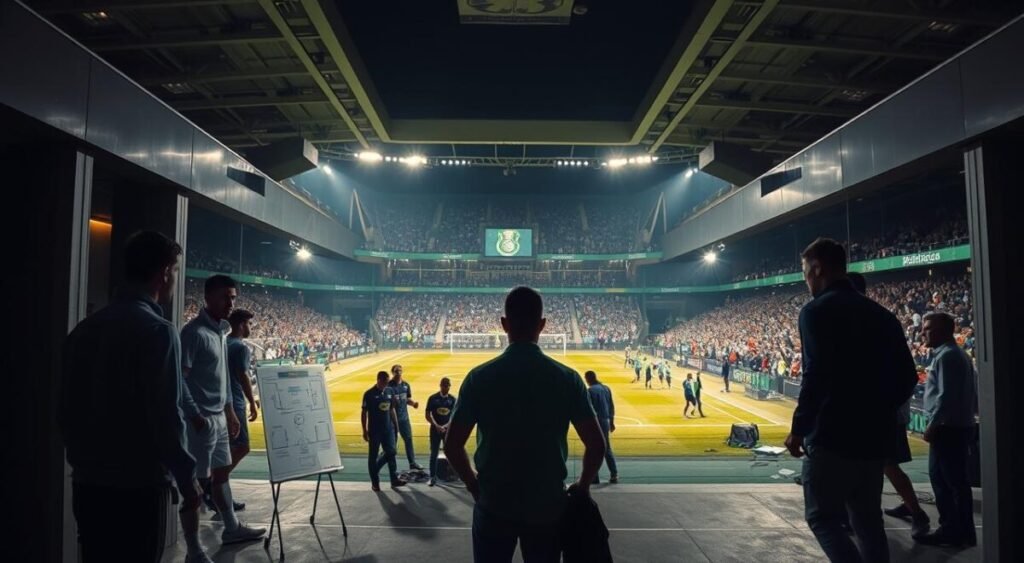 A behind-the-scenes view of the Allianz Parque stadium, capturing the energy and excitement of the Palmeiras vs LDU Quito match. The camera follows the players as they make their way through the dimly lit corridors, their faces illuminated by the warm glow of the stadium lights. In the foreground, a group of coaches and staff members huddle around a tactical whiteboard, discussing strategies and formations. In the middle ground, a team of groundskeepers meticulously prepare the pitch, ensuring it's in pristine condition for the upcoming match. In the background, the roar of the crowd can be heard, creating a sense of anticipation and drama. The overall atmosphere is one of intense focus and preparation, reflecting the high stakes of the encounter. A behind-the-scenes view of the Allianz Parque stadium, capturing the energy and excitement of the Palmeiras vs LDU Quito match. The camera follows the players as they make their way through the dimly lit corridors, their faces illuminated by the warm glow of the stadium lights. In the foreground, a group of coaches and staff members huddle around a tactical whiteboard, discussing strategies and formations. In the middle ground, a team of groundskeepers meticulously prepare the pitch, ensuring it's in pristine condition for the upcoming match. In the background, the roar of the crowd can be heard, creating a sense of anticipation and drama. The overall atmosphere is one of intense focus and preparation, reflecting the high stakes of the encounter.
