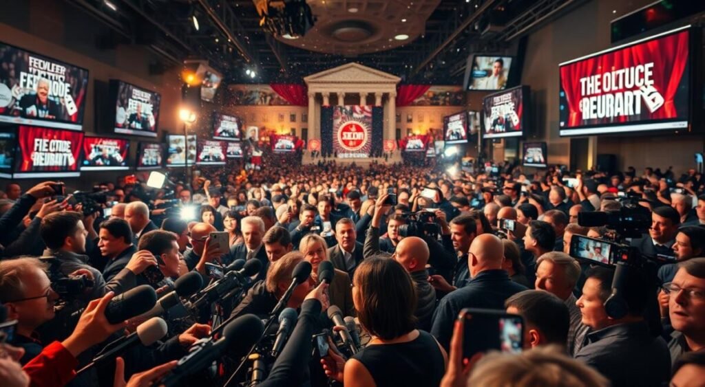 A bustling media landscape, with reporters and cameras capturing the intense reactions to the high-profile Supreme Court ruling. In the foreground, a jumble of microphones and flashing lights as journalists clamor for soundbites. In the middle ground, a sea of faces reflecting a range of emotions - outrage, disbelief, anticipation. The background blurs into a kaleidoscope of headlines, news crawls, and social media chatter, amplifying the story's resonance. Warm, dramatic lighting casts dramatic shadows, heightening the sense of urgency and importance. The scene conveys the widespread public interest, media frenzy, and societal repercussions surrounding this pivotal judicial decision.