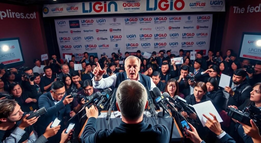 A bustling press conference with a podium in the center, microphones and cameras capturing the intense media mobilization. In the foreground, a charismatic leader gesticulating passionately, commanding the attention of the gathered journalists. The middle ground features a sea of reporters taking notes and snapping photos, their faces focused and intent. In the background, a backdrop of logos and banners, conveying the high-profile nature of the event. Dramatic lighting casts shadows and highlights, creating an air of urgency and political theater. Shot with a wide-angle lens to capture the scale and energy of the media frenzy surrounding the leader's opposition tactics.