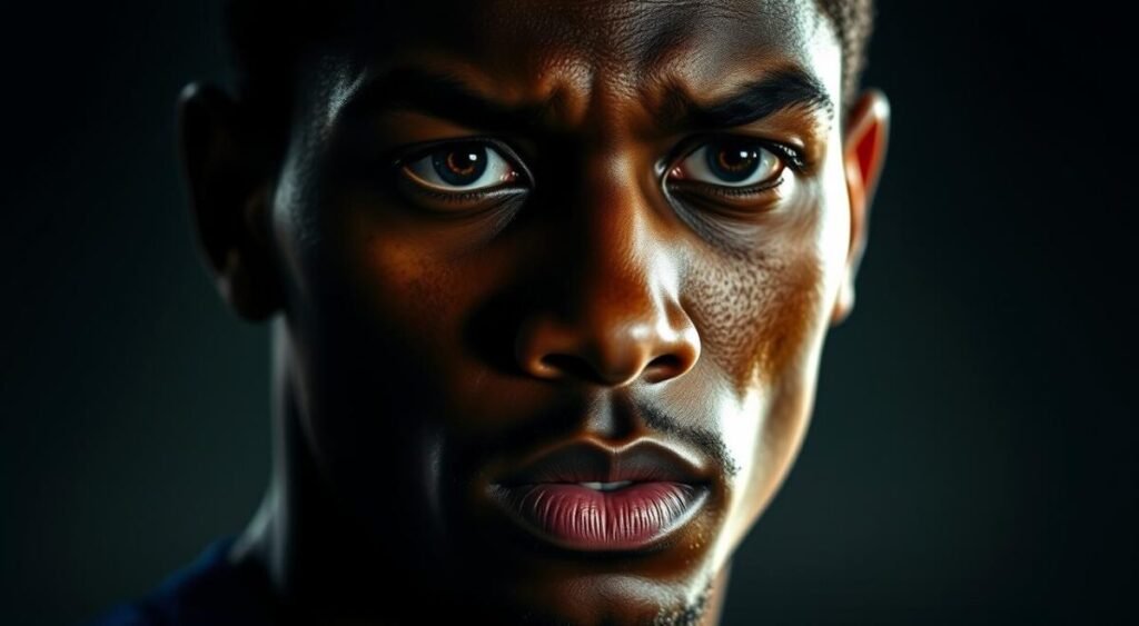 A close-up portrait of Willian José, the Brazilian striker for Bahia, captured in a thoughtful, determined expression. His face is illuminated by soft, directional lighting, casting dramatic shadows that accentuate his strong features. The image is framed tightly, focusing the viewer's attention on Willian's intense gaze and the subtle details of his face - the defined jawline, the piercing eyes, the slight furrow of his brow. The background is deliberately blurred, keeping the emphasis on the player's captivating presence. The overall mood is one of intensity, reflecting Willian's leadership and pivotal role in Bahia's performance on the field.