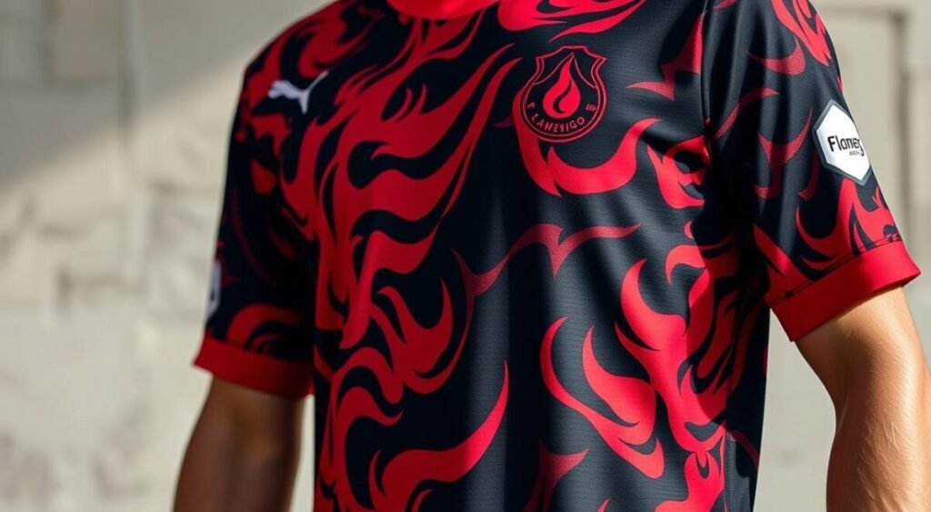 A close-up view of the new Flamengo soccer jersey, showcasing its intricate design and vibrant colors. The jersey features a bold, eye-catching pattern with a mix of red and black hues, creating a striking and dynamic visual effect. The fabric texture is rendered in high detail, capturing the subtle sheen and quality of the material. The jersey is displayed against a neutral, slightly blurred background, allowing the jersey to take center stage and be the focal point of the image. The lighting is soft and natural, highlighting the jersey's vibrant colors and adding depth and dimension to the overall composition.