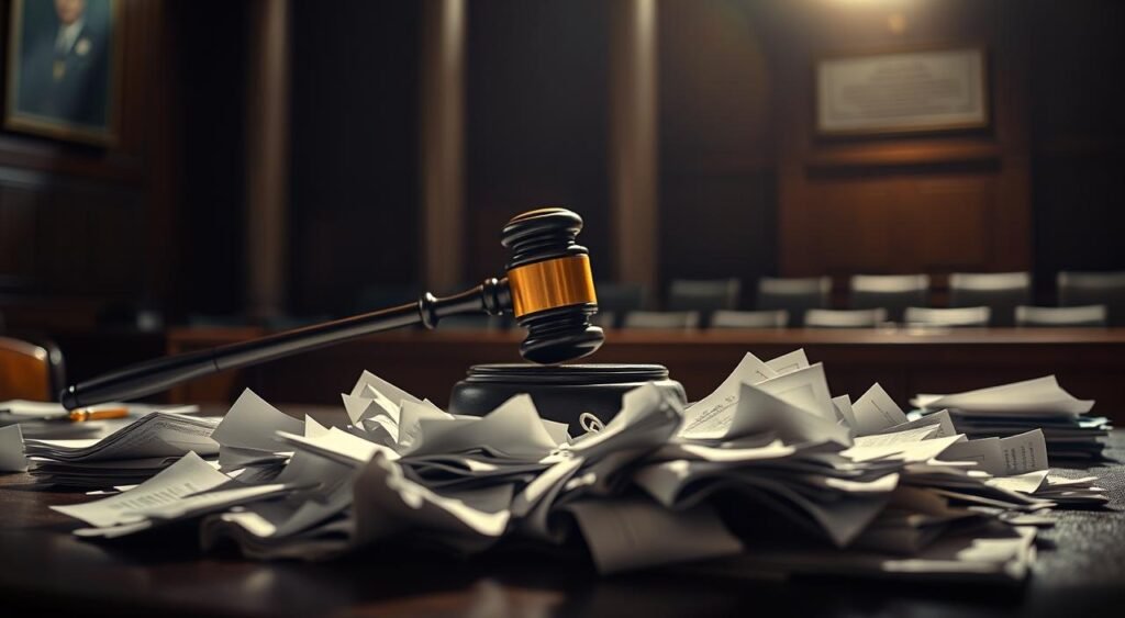 A courtroom scene with a large gavel on a wooden bench, casting dramatic shadows under a harsh spotlight. In the foreground, piles of legal documents and crumpled papers spill across the table, hinting at accusations and allegations of defamation. The atmosphere is tense, with a sense of high-stakes legal proceedings unfolding. The background is blurred, suggesting the focus is on the central elements of the scene. The lighting is dramatic, creating a sense of gravity and importance to the subject matter.