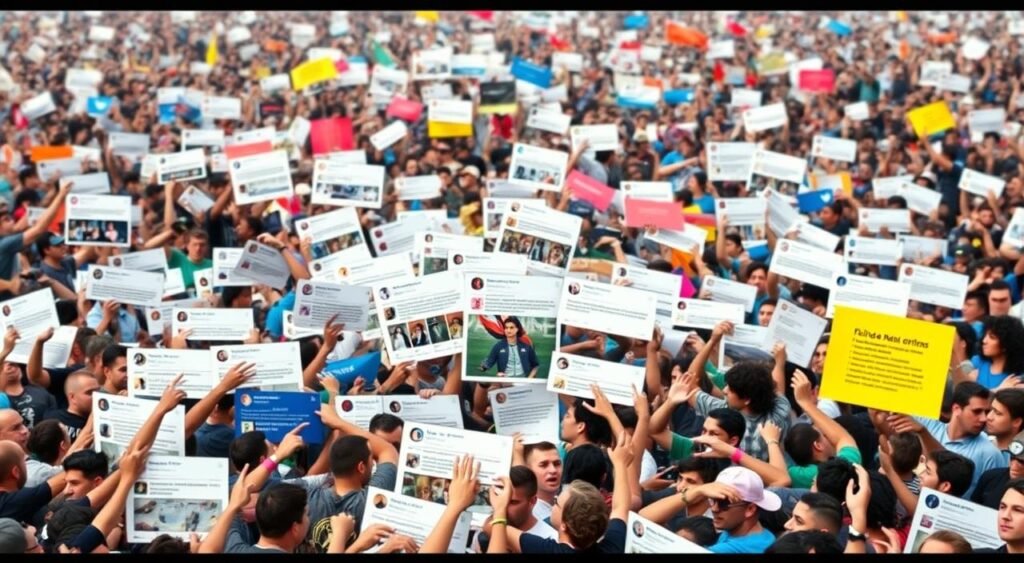 A crowded social media feed filled with dynamic, overlapping posts and comments, reflecting the intense public reaction to Filipe Martins' return to the spotlight. Vivid colors, bold typography, and a sense of digital chaos convey the repercussions and rapid-fire exchanges. The foreground features a central cluster of posts, with users' avatars, reactions, and snippets of text. In the middle ground, a swirling mass of additional posts and activity surround the focal point. The background blurs into a hazy, digitized landscape, suggesting the far-reaching impact of the online discourse. The overall scene captures the scale, immediacy, and emotional charge of the social media response to this newsworthy event. A crowded social media feed filled with dynamic, overlapping posts and comments, reflecting the intense public reaction to Filipe Martins' return to the spotlight. Vivid colors, bold typography, and a sense of digital chaos convey the repercussions and rapid-fire exchanges. The foreground features a central cluster of posts, with users' avatars, reactions, and snippets of text. In the middle ground, a swirling mass of additional posts and activity surround the focal point. The background blurs into a hazy, digitized landscape, suggesting the far-reaching impact of the online discourse. The overall scene captures the scale, immediacy, and emotional charge of the social media response to this newsworthy event.