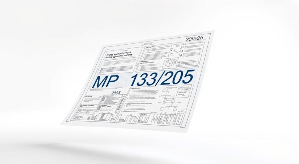 A detailed architectural blueprint of the "MP 1303/2025" document, rendered in a technical, schematic style. The document appears to be floating against a clean, minimalist background, illuminated by soft, directional lighting to highlight its intricate details. The blueprint showcases the document's structure, key components, and numerical annotations, conveying a sense of precision and technical complexity. The overall mood is one of professionalism and information-rich clarity, suitable for illustrating the technical details of the legislation.