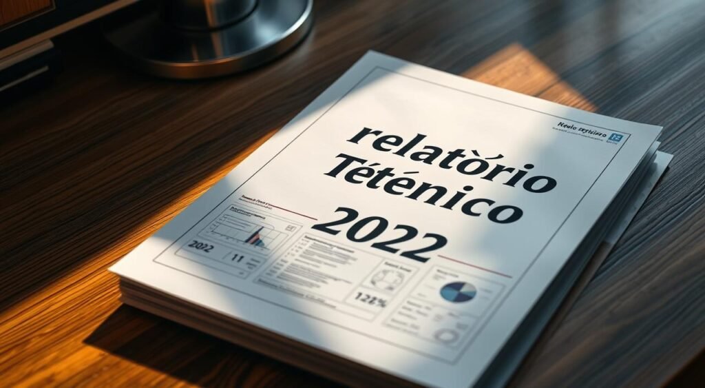 A detailed technical report from 2022, presented on a wooden desk with a subtle warm lighting. The cover page displays the title "Relatório Técnico 2022" in a bold, professional font. The report includes various charts, diagrams, and technical schematics neatly organized within the document. The lighting casts soft shadows, adding depth and a sense of credibility to the scene. The background is slightly blurred, keeping the focus on the report itself, which appears to be the central subject. The overall atmosphere conveys a sense of professionalism, authority, and attention to detail.