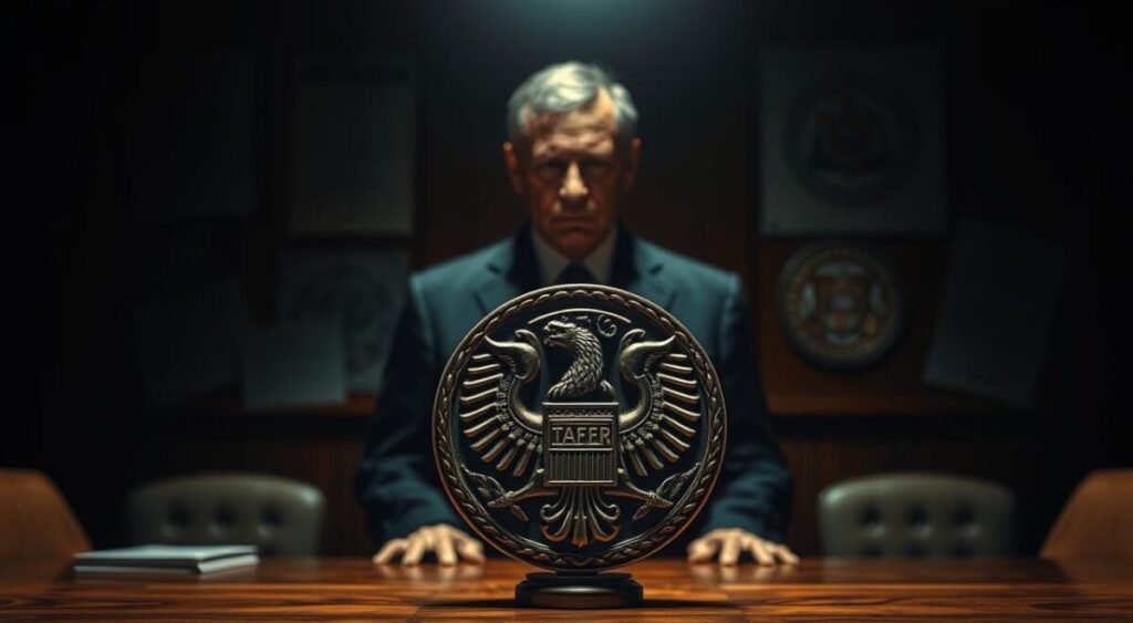 A dimly lit courtroom, the weight of the law palpable. In the foreground, the Conafer emblem stands as a symbol of the organization, its intricate details cast in sharp relief. Behind it, a shadowy figure, the president of Conafer, faces the consequences of his actions, his expression a mix of trepidation and resignation. The background is a blur of legal documents and official seals, a visual representation of the administrative and judicial proceedings unfolding. The scene is illuminated by a single spotlight, casting dramatic shadows and highlighting the gravity of the situation. The overall mood is one of solemn reflection, the consequences of Conafer's actions now manifesting in this court of law.