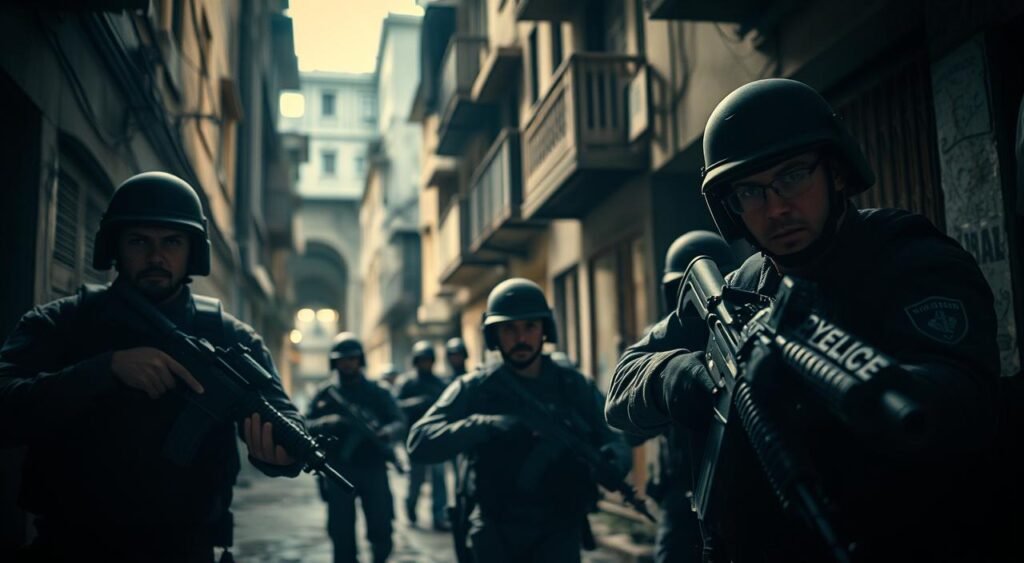 A dimly lit, gritty scene in the streets of Rio de Janeiro. In the foreground, a group of armed, serious-faced men in tactical gear conducting a military-style operation. In the middle ground, a blurred backdrop of crumbling buildings and narrow alleyways, hinting at the challenging urban environment. The lighting is dramatic, with harsh shadows and muted colors, creating a tense, ominous atmosphere. The camera angle is low, emphasizing the imposing presence of the armed operatives and the sense of unease. Overall, the image conveys a sense of a high-stakes, potentially dangerous law enforcement or military action taking place in the chaotic, densely-populated setting of Rio.