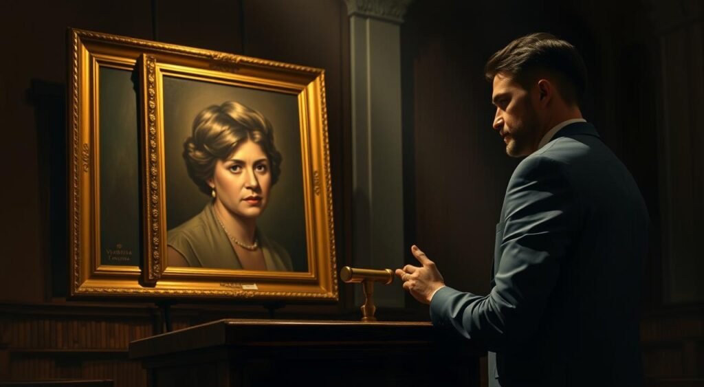 A dimly lit parliamentary chamber, Virginia Fonseca's portrait prominently displayed on a podium, its edges gilded in a warm glow. Deputy Nikolas Ferreira stands before it, his expression pensive as he gestures towards the image, the weight of the moment palpable in the room. Soft shadows accentuate the details of the portrait, its subject's gaze piercing, almost challenging. The atmosphere is somber, tinged with a sense of unease, as the scene captures the essence of the controversial use of Virginia's image in a political context.