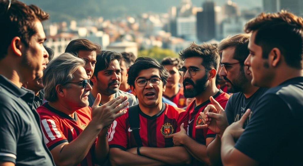 A diverse group of passionate Flamengo fans, each with their own distinct expression and opinion, gathered in a lively debate. The scene is illuminated by a warm, natural light, capturing the dynamic exchange of perspectives. The middle ground features a mix of gestures, postures, and facial expressions, reflecting the range of emotions and convictions. In the background, a blurred cityscape sets the stage, hinting at the larger context of the Flamengo supporters' community. The overall composition conveys the nuanced and multifaceted nature of the Flamengo fans' analysis and reactions to the Palmeiras' classification. A diverse group of passionate Flamengo fans, each with their own distinct expression and opinion, gathered in a lively debate. The scene is illuminated by a warm, natural light, capturing the dynamic exchange of perspectives. The middle ground features a mix of gestures, postures, and facial expressions, reflecting the range of emotions and convictions. In the background, a blurred cityscape sets the stage, hinting at the larger context of the Flamengo supporters' community. The overall composition conveys the nuanced and multifaceted nature of the Flamengo fans' analysis and reactions to the Palmeiras' classification.