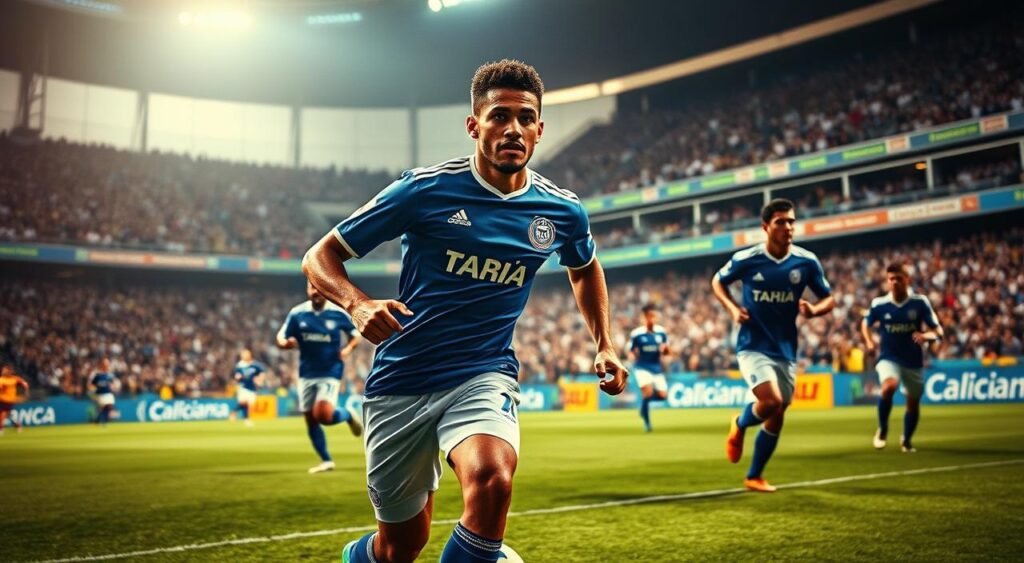 A dynamic, in-game scene of the Bahia soccer team in action, featuring their star player Willian José commanding the field. Capture the intensity and energy of the match, with Willian José prominently displayed as the focal point. Depict the players moving with purpose, their expressions determined, and the crowd in the background adding to the electric atmosphere. Utilize a cinematic, wide-angle lens to showcase the scale of the stadium and the players' athleticism. Employ dramatic lighting, with shadows and highlights accentuating the players' movements and the match's drama. The overall mood should convey the thrill and excitement of a high-stakes soccer match, reflecting the team's strong performance under Willian José's leadership.