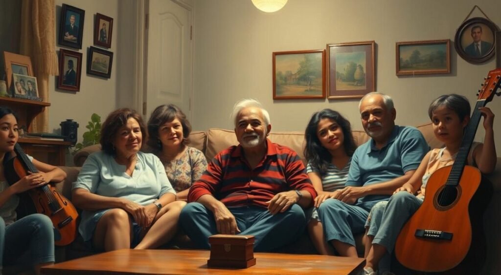 A family gathering in a cozy living room, with Zé Felipe at the center of attention, surrounded by his loved ones. Soft lighting casts a warm glow, creating an intimate atmosphere. The room is filled with subtle hints of the family's dynamic - family photos on the walls, a guitar in the corner, and a sense of togetherness palpable in the air. The scene conveys a sense of comfort and closeness, setting the stage for the unfolding of a personal and sensitive narrative. A family gathering in a cozy living room, with Zé Felipe at the center of attention, surrounded by his loved ones. Soft lighting casts a warm glow, creating an intimate atmosphere. The room is filled with subtle hints of the family's dynamic - family photos on the walls, a guitar in the corner, and a sense of togetherness palpable in the air. The scene conveys a sense of comfort and closeness, setting the stage for the unfolding of a personal and sensitive narrative.