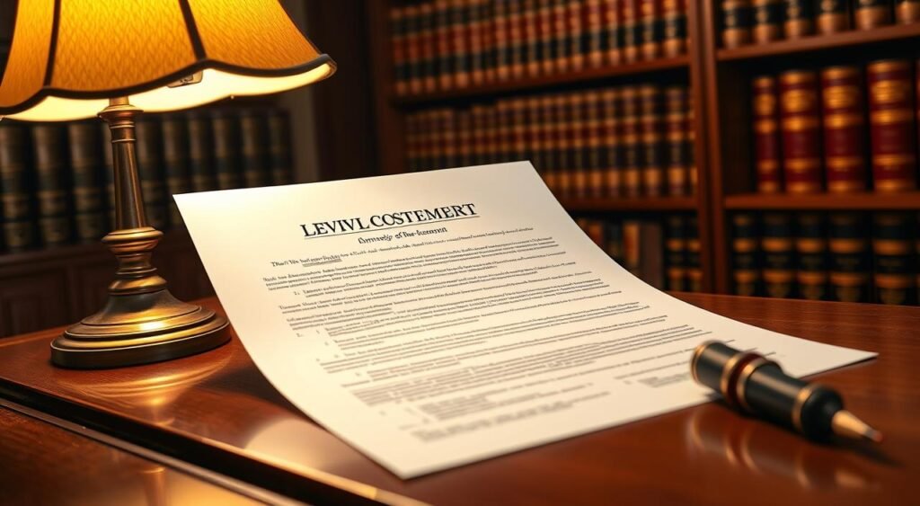 A formal legal document being reviewed, with a sense of gravity and importance. The document is placed on a mahogany desk, illuminated by a warm desk lamp that casts a soft glow. In the background, a bookshelf filled with leather-bound law volumes adds an air of authority. The frame is composed to draw the viewer's eye directly to the document, emphasizing the seriousness and weight of the subject matter. The overall mood is one of thoughtful contemplation, as if the viewer is witnessing a pivotal moment in a high-stakes legal proceeding.