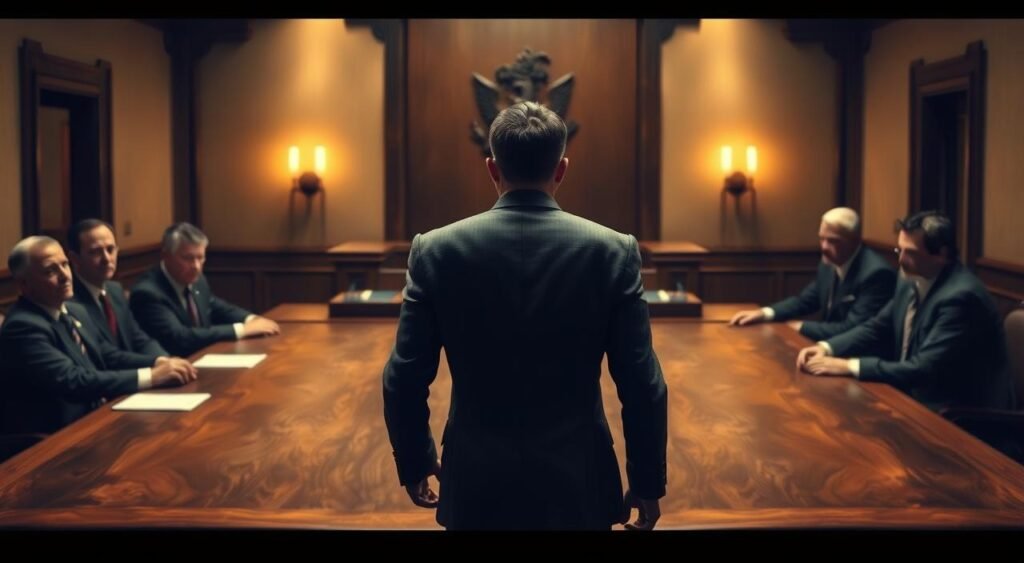 A formal, well-lit courtroom scene with a panel of government officials seated at a long table, focused intently on a lone figure standing before them. The figure's posture conveys a sense of unease, but their expression remains resolute. The background is softly blurred, drawing the viewer's attention to the tense interaction at the center of the frame. The lighting is a combination of warm, ambient illumination and sharp, directional highlights, creating a sense of gravitas and importance. The camera angle is slightly elevated, giving the viewer a sense of observing the proceedings from an authoritative perspective.