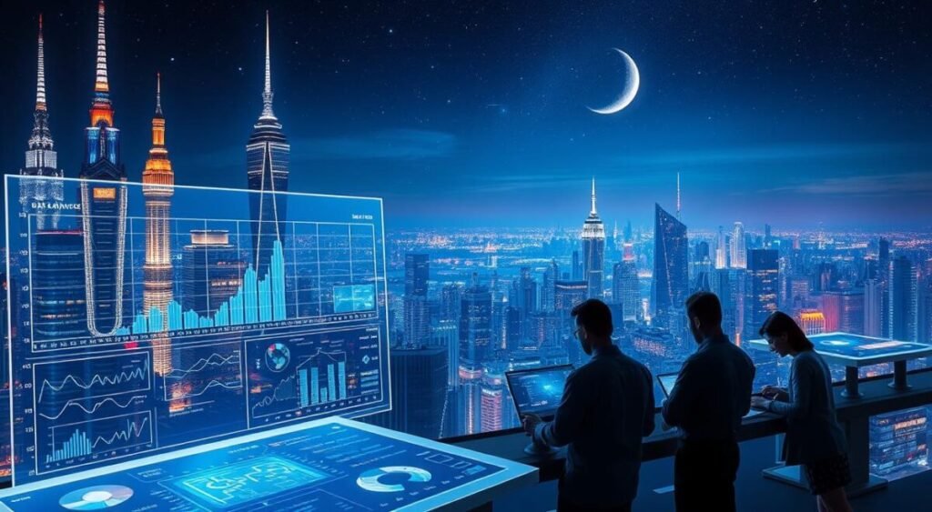 A futuristic cityscape at night, with towering skyscrapers, gleaming spires, and a vibrant display of neon lights. In the foreground, a cutting-edge data visualization dashboard hovers, its holographic displays showcasing intricate graphs, charts, and real-time analytics. The middle ground features a team of data scientists, engineers, and analysts collaborating on the latest technological innovations, their faces illuminated by the glow of their computer screens. In the background, a stunning vista of the city skyline, with a starry night sky and a crescent moon casting a soft, ethereal glow over the scene. The overall atmosphere is one of innovation, technological advancement, and the synergy between data and technology.