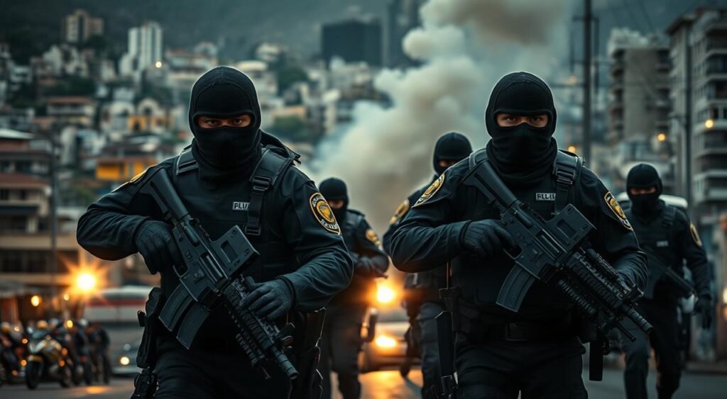 A gritty, cinéma vérité-style image of an intense police operation unfolding in the streets of Rio de Janeiro. The frame captures a tense moment as heavily armed police officers in tactical gear advance cautiously, their faces obscured by balaclavas. In the background, a densely packed urban landscape of favelas and high-rises creates a sense of claustrophobia and danger. Bright flashes of light and billowing smoke suggest the ongoing exchange of gunfire. The overall mood is one of high-stakes drama and the palpable unease of a community caught in the crossfire of a security crisis.