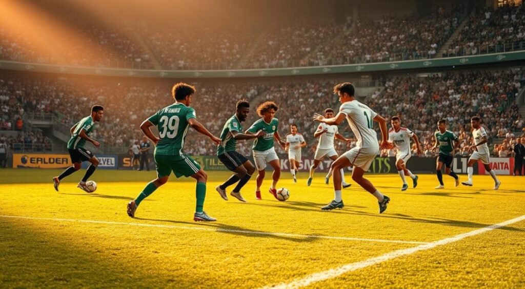 A high-intensity football match unfolds on a lush, verdant pitch. In the foreground, players from Palmeiras and LDU engage in a tactical battle, their movements and decision-making showcasing their technical prowess. The midfield is a hub of activity, with precise passing and dynamic runs carving open spaces. Defenders on both sides demonstrate their positioning and awareness, anticipating the opposition's plays. The lighting casts a warm, golden glow, adding depth and drama to the scene. Wide-angle lens captures the full scope of the action, revealing the strategic positioning of the teams and the flow of the game. The atmosphere is tense, with the crowd's energy palpable, as the two sides vie for the upper hand in this crucial encounter. A high-intensity football match unfolds on a lush, verdant pitch. In the foreground, players from Palmeiras and LDU engage in a tactical battle, their movements and decision-making showcasing their technical prowess. The midfield is a hub of activity, with precise passing and dynamic runs carving open spaces. Defenders on both sides demonstrate their positioning and awareness, anticipating the opposition's plays. The lighting casts a warm, golden glow, adding depth and drama to the scene. Wide-angle lens captures the full scope of the action, revealing the strategic positioning of the teams and the flow of the game. The atmosphere is tense, with the crowd's energy palpable, as the two sides vie for the upper hand in this crucial encounter.