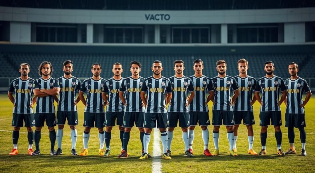 A high-quality image of the probable starting lineup and squad of Vasco da Gama soccer club, captured in a professional, photographic style. The players are shown in their official team jerseys, standing in a organized formation on a lush, well-lit soccer pitch. The scene conveys a sense of anticipation and readiness for an important match, with the players' expressions focused and determined. The background is slightly blurred to keep the attention on the team. Lighting is natural, with some directional illumination to highlight the players' features and create depth and dimension. The overall tone is one of authority, skill, and team unity.